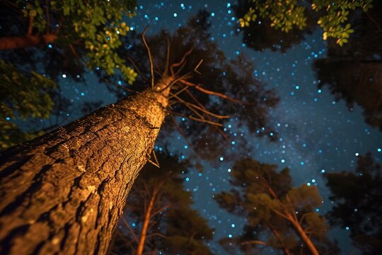  a majestic oak, Orion's Belt as a towering pine, and the Zodiac wheel woven into the branches, creating a celestial map across the forest sky.