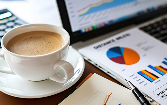 Coffee drink and financial charts on desk,created with Generative AI tecnology.