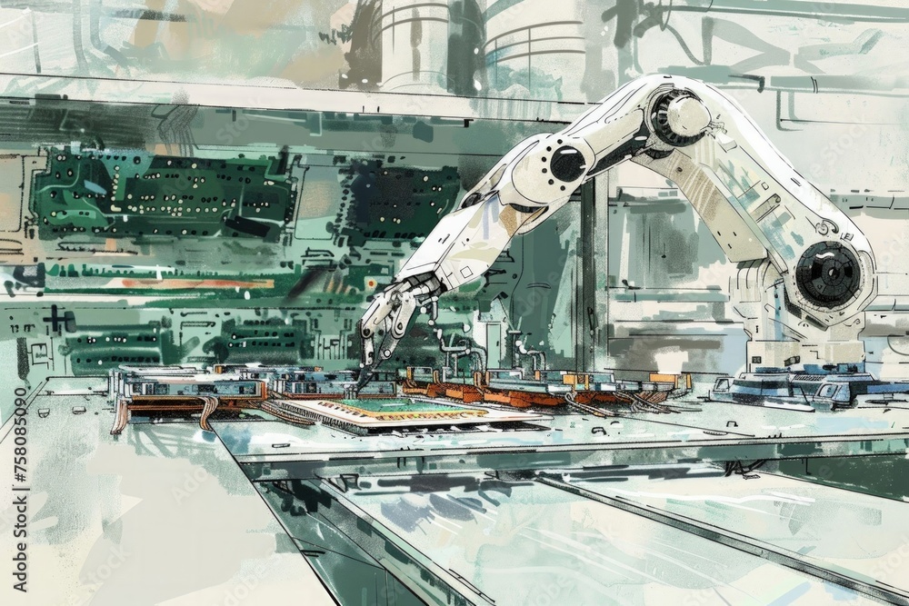 Poster hand-drawn pastel digital watercolour paint sketch advanced robotic arm assembling circuit boards on