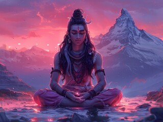The Himalayas come alive in cartoon form with Lord Shiva meditating amidst neon-lit snow - obrazy, fototapety, plakaty