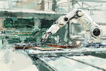 Hand-drawn pastel digital watercolour paint sketch Advanced robotic arm assembling circuit boards on a production line symbolizing the evolution of artificial intelligence in manufacturing 
