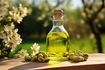 A bottle of nutritious pistachio oil and a bowl of flavorful pistachio nuts, perfect for snacking and cooking.