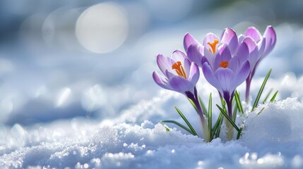  Crocus flowers blossom through snow: a celebration of renewal and new beginnings in winter...