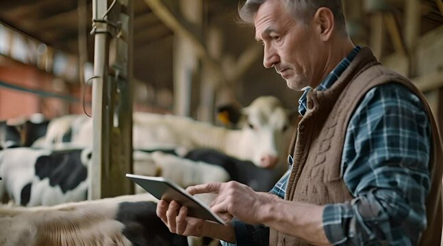 senior farmer checks his livestock using digital technology