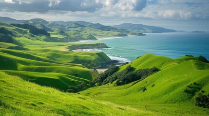 Dyllic coastal landscape: rolling green hills by the sea in dunedin, nz
