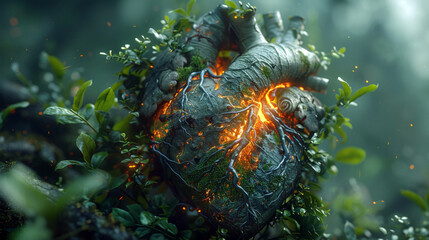 A digital heartbeat syncs with the green pulse of nature 3D render - obrazy, fototapety, plakaty