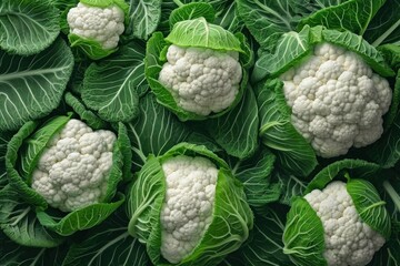 Fresh Cauliflower Heads With Green Leaves Close-Up at a Farmers Market - obrazy, fototapety, plakaty