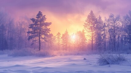 Winter wonderland: majestic forest and sunrise scenery in purple hues