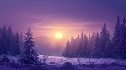 Fototapeta premium Winter wonderland: majestic forest and sunrise scenery in purple hues