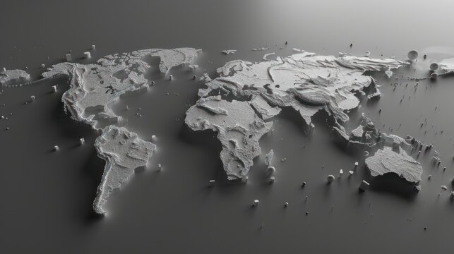 A 3D world map in greyscale, highlighted interactions between AI and news with neon colors in exploded-view. 