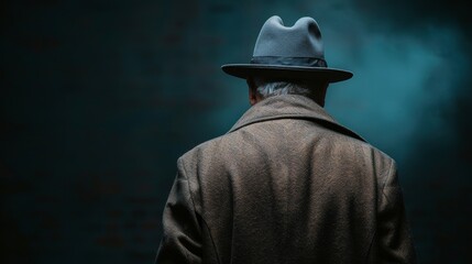Old fashioned detective or mafia in hat on dark background - obrazy, fototapety, plakaty
