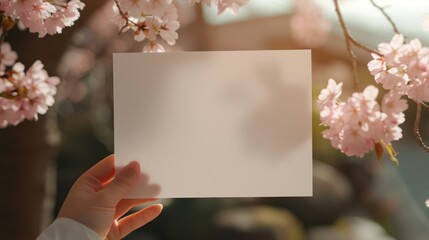 image displaying a 5x7inch blank white page being held by a woman's hand ,in the sakura style of handcrafted designs - obrazy, fototapety, plakaty