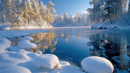 Lake in the winter forest on a bright sunny day. Winter background, nature wallpaper. - obrazy, fototapety, plakaty