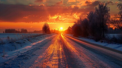 Winter wonderland: serene sunset illuminates scenic road amidst snowy landscape