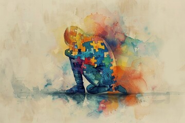 Hand-drawn pastel digital watercolour paint sketch A solitary figure depicted in watercolor sits hunched over a puzzle piece symbolizing the complex nature of mental health 