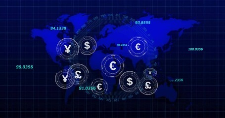 Animation of currency symbols with data processing over world map on black background