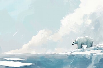 Fototapeta premium Hand-drawn pastel digital watercolour paint sketch A lone polar bear balances on a drifting ice floe amidst the azure Arctic tundra providing a stark contrast against the pristine white landscape 