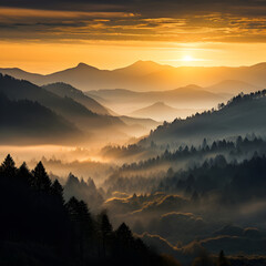 Golden Sunset over Majestic Mountains with Silhouettes of Adventurous Travelers