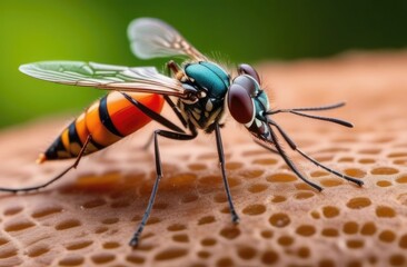 Insect sits on surface,malaria mosquito,transparent wings,colorful beetle coloring