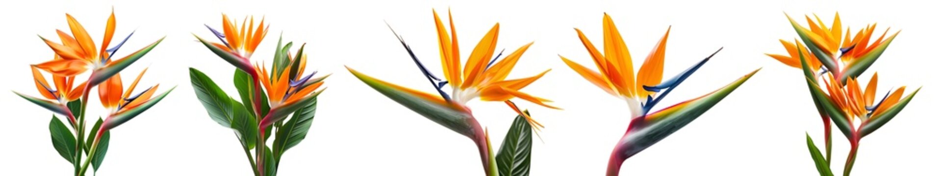 Collection set stalk bunch of crane Strelitzia Reginae bird of paradise flower floral on transparent background cutout, PNG file. Mockup template artwork graphic design