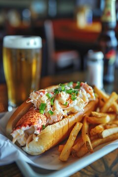 A modern rustic photo of a lobster roll with butter, scallions and mayo, served with fries and a draft beer.