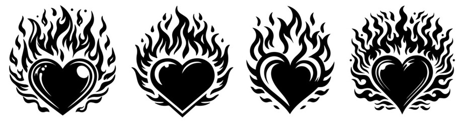heart in flames, burning heart shape, black vector graphic - obrazy, fototapety, plakaty
