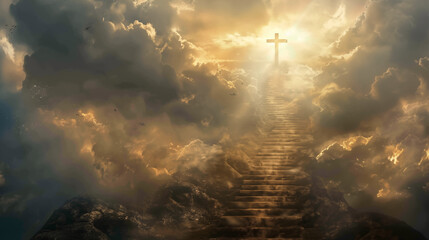 A stairway leading to heaven with a cross at the end - obrazy, fototapety, plakaty