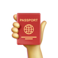 Red passport in hand. Personal identification concept. International passport for travel and tourism. 3d vector - 758087402