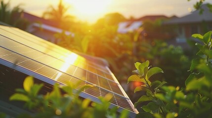 In the golden glow of sunset, solar energy panels stands in home's roof or in nature. Greenhouse, ecology industry and technology concept. Solar energy, photovoltaic power.