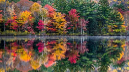 Foto auf Acrylglas Vibrant autumn scene: reflective foliage in serene pond, new england © Ashi