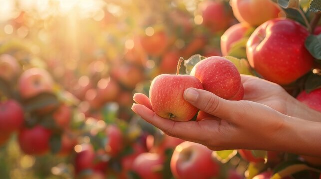 Orchard with people picking ripe apples from a tree