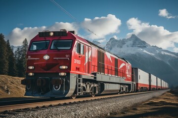 Obraz premium Red modern freight train transports containers in snowy mountains, shipping and logistics concept