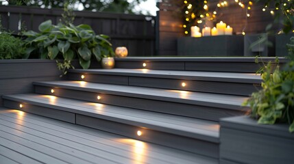 Ash grey composite decking: two-tiered design with deck lights - perfect for landscape gardening projects - obrazy, fototapety, plakaty