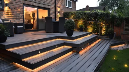 Poster Ash grey composite decking: two-tiered design with deck lights - perfect for landscape gardening projects © Ashi