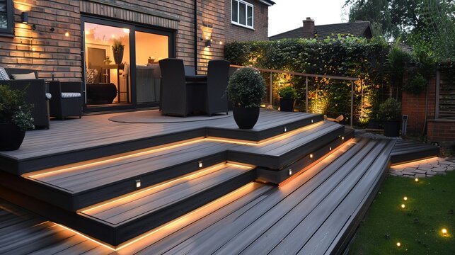 Ash grey composite decking: two-tiered design with deck lights - perfect for landscape gardening projects