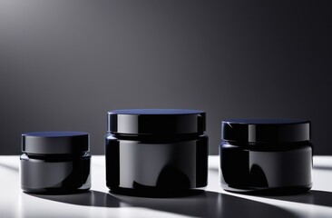Black jars without inscriptions for skin care on a white background in backlight with space for text