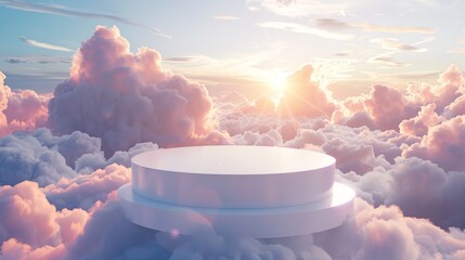 A white circular podium with surreal clouds. Futuristic product Stage