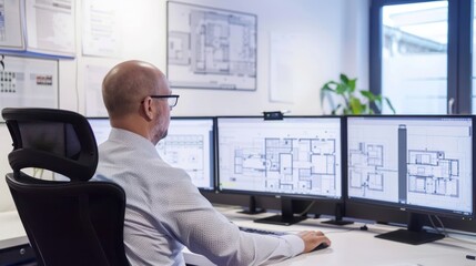 architect sitting in front of 3 computer screens checking a construction plan, bright office, modern workspace