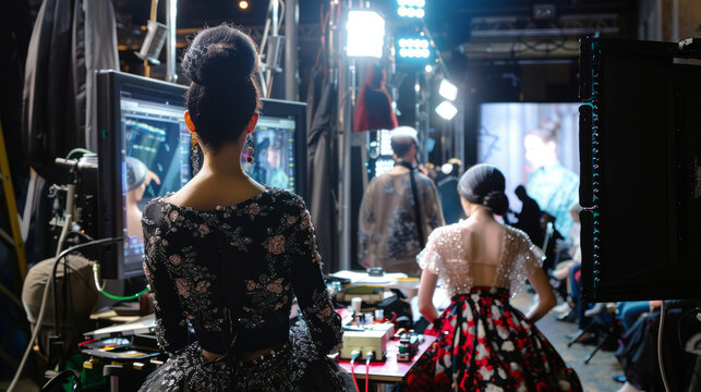 In a stunning black gown adorned with lace, a model stands patiently backstage amidst the busy environment of a fashion show event