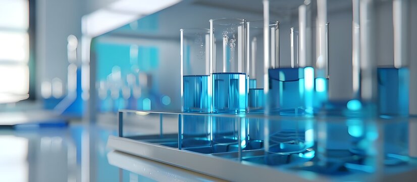 Flask filled with blue liquid in chemical lab. Test tubes with liquid, closeup in laboratory.