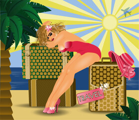 Pinup girl with bags, travel invitation card, vector illustration
