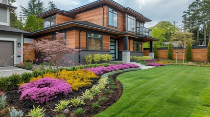 Obraz premium Charming house exterior surrounded by serene landscape, perfect for residential dreamscapes