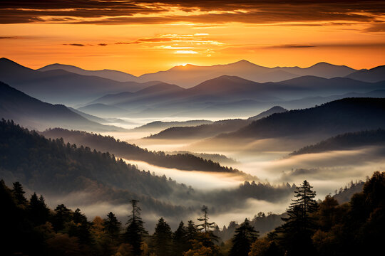 Golden Sunset over Majestic Mountains with Silhouettes of Adventurous Travelers