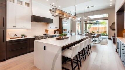 Beautiful kitchen in luxury modern contemporary home interior with island and chairs 