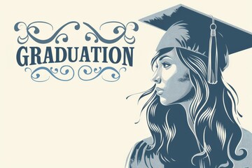 Profile of a young woman in graduation attire, with an intricate typographic design