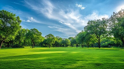 Idyllic noon scene: green grass, trees, white clouds, and blue sky in a beautiful park