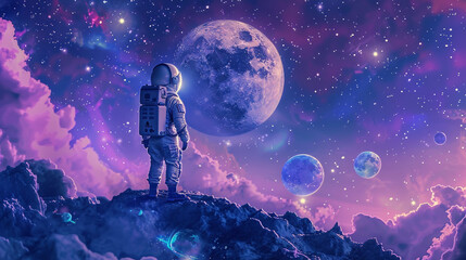 Naklejka premium An astronaut is alone and standing confused in an alien and fantasy space.