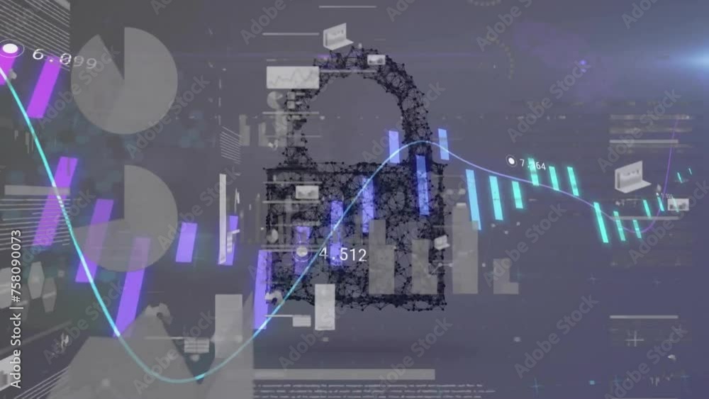 Poster animation of data processing and diagrams over digital padlock