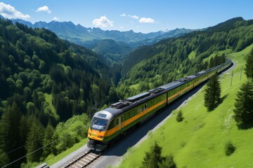 Green high-speed passenger train in summer mountains, aerial view, travel concept