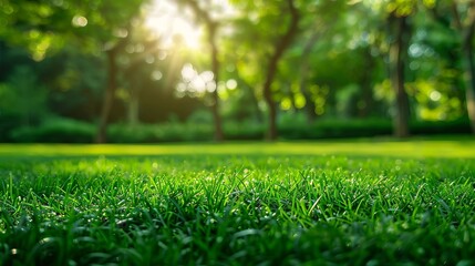 Naklejka premium Lush green lawn and trees, perfect backdrop with space for text. Serene nature background, ideal for designs